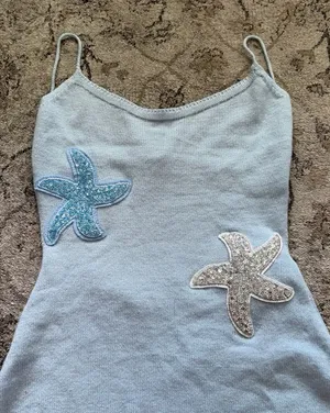 Light Blue Sequin Starfish Cami Knit Dress 🤍🩵 Size XS thumbnail 1