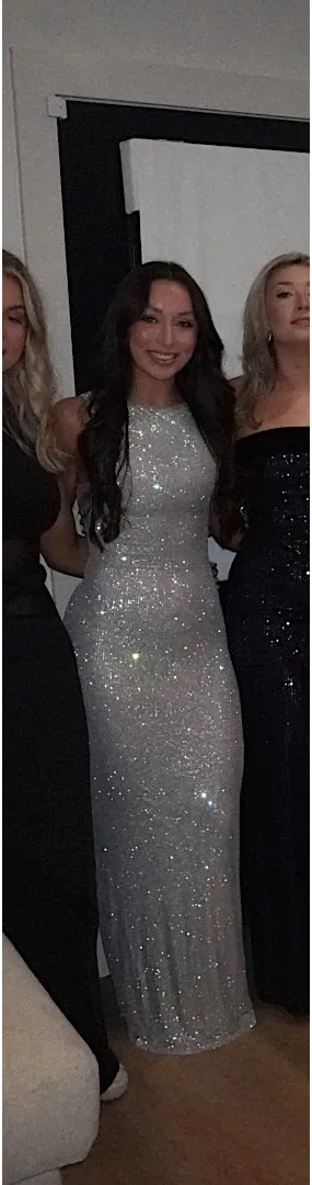 Meshki PLEASE READ: worn once and dry cleaned, missing a few rhinestones in the lower front of dress post dry cleaning, but not very noticeable. Wish I didn’t have to sell this dress but I’ll never need to wear it again, fits like a glove, very stretchy. Size S/4. I’m 5’4 150 pounds for reference. thumbnail 5
