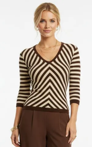 Rene Lezard Brown & Tan Chevron Striped V Neck Long Sleeve Knit Shirt Top XS thumbnail 1