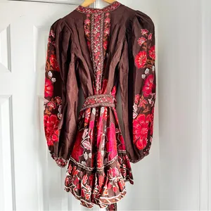 NWT Farm Rio Gigi Tapestry Belted Mini Dress Floral Brown and Red thumbnail 4
