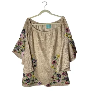 Judith March Shirt Women Large Beige Lace Embroidered Bell Sleeve Tunic Boho‎ thumbnail 2
