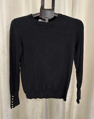 ZARA KNIT Black‎ Crewneck Sweater with Pearl Button Cuffs - Size M thumbnail 1