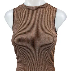 DNT Brown Metallic Rib Knit Sleeveless Ruched Tie Cami Midi Bodycon Tank Dress S thumbnail 3