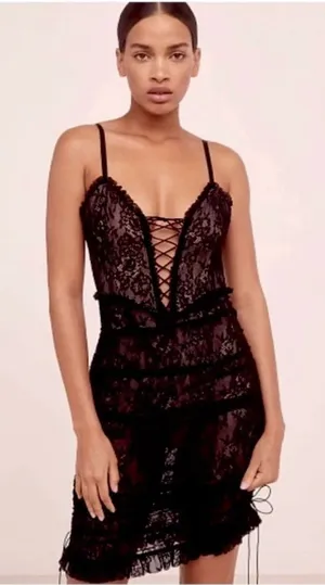For Love And Lemons Gracie Lace Slip Dress Black Sheer Dark Romantic Corset S thumbnail 1