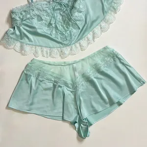 ANTHROPOLOGIE Two Piece Set Crop Lace Ruffle Cami Short Mint Green Lacey Medium thumbnail 4