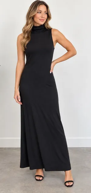 New Day Black Sleeveless Turtleneck Maxi Dress Small Modal Blend NEW Minimalism thumbnail 1