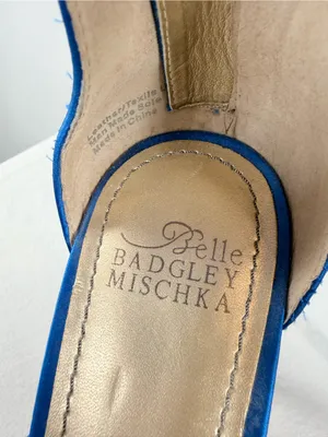 Belle Badgley Mischka Cobalt Blue Beaded Satin T-Strap Heels‎ Size 7 thumbnail 2
