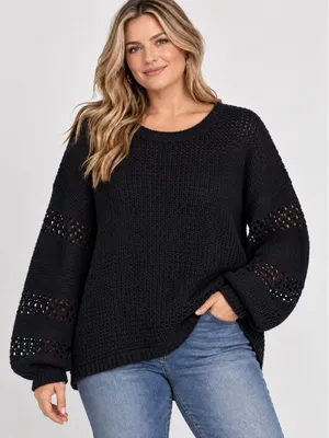 Knox Rose Womens XL Black Pointelle Long Sleeve Knit Crewneck Sweater Relaxed thumbnail 1