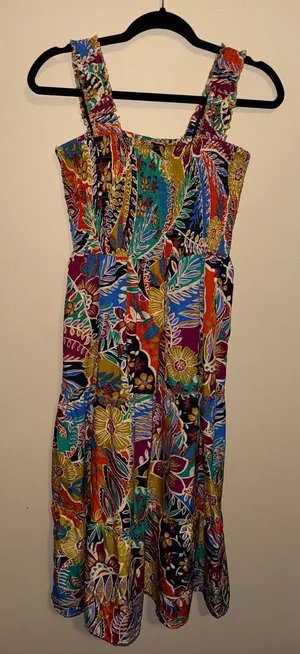 Mlle Gabrielle Women Boho Multi Color Floral Paisley Smock Tiered Midi Dress‎ L Resort Festival thumbnail 1