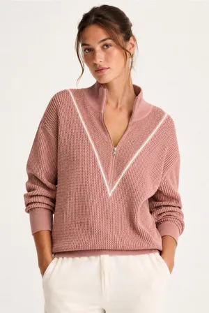 Varley Calva Knit Half-Zip Cotton Sweater Pink Size Small thumbnail 1