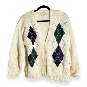 VINTAGE Currants 90's M Academia Granny Hand Knit Argyle Cardigan Sweater Prep thumbnail 2