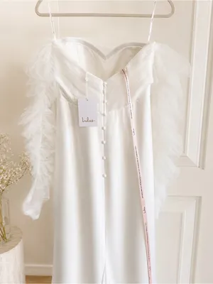 Lulu's Ivory Satin Wedding Dress with Ruffled Tulle Sleeves thumbnail 5