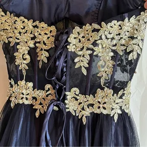Blondie Nites Gown Juniors‎ Size 9 Navy Long Mesh Gown Corset Style Gold Prom thumbnail 6