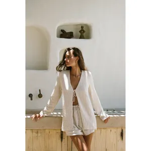 Sabo Skirt Emel Cream Waffle Knit Tie Front Long Sleeve Cardigan Top M thumbnail 6