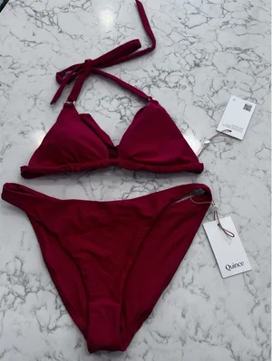 NWT Quince Red Italian Full Coverage Ring Triangle Bikini Top & Low Rise Bottom thumbnail 1