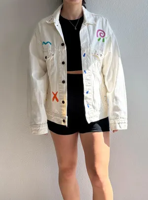 Silent Fish Vintage White Sun Face Denim Jacket thumbnail 1