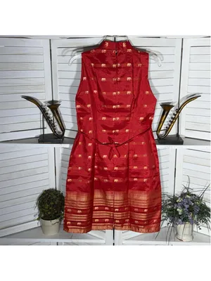 NWOT Thaisilk mod dress red gold elephant sleeveless unique elegant boho costume thumbnail 2