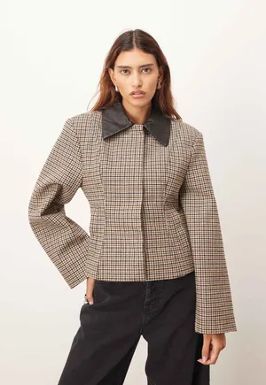 Arrange Plaid Structured Jacket Contrast Leather Collar Size‎ 0 Tan thumbnail 1