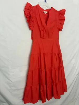 Entro Tiered Midi Dress Large Red Orange Ruffle Sleeve Back Cutout NWOT(A906) thumbnail 2