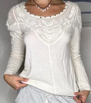 Free People Lace Cottagecore Studded Collar Cotton Slouchy Boho Longsleeve M thumbnail 1