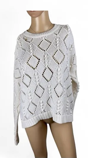 Ann Taylor LOFT‎ Bobble Sweater Womens Size Medium Ivory Diamond Open Knit thumbnail 1