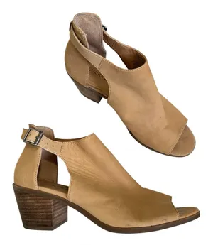 Lucky Brand Tan Leather Peep Toe Ankle Boots Womens 8 Casual Fall Buckle Heeled thumbnail 1