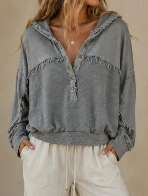FP Movement by Windy Meadows Washed Gray Frayed Henley Hoodie thumbnail 1