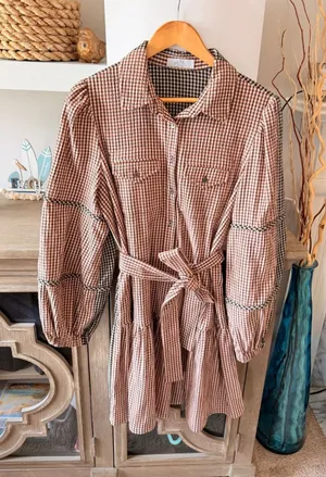Pearl By Lela Rose Checked Seersucker Shirt Dress Womens Brown Size L thumbnail 1
