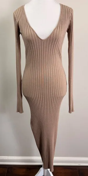 NBD REVOLOVE Tan Ribbed Knit Open Back Tie Maxi Dress Womens Small Deep V thumbnail 1