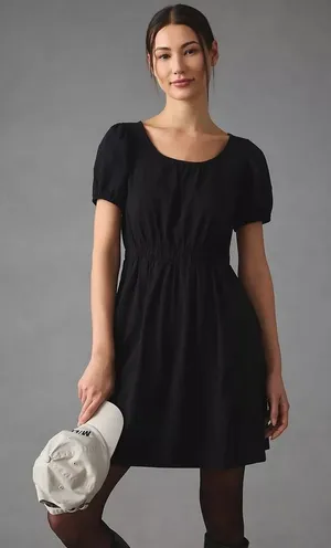Daily Practice Anthropologie Cap‎ Sleeve Mini Dress Medium Black Slub Cotton thumbnail 1