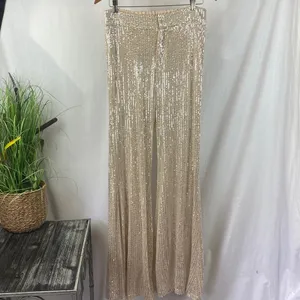 Impressions Sequins Tan & Gold Palazzo Flair Hem Pants L thumbnail 3