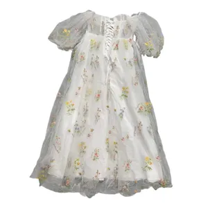 Women's Floral Embroidered Corset Maxi Puff Sleeve Dress in White, Size 12​​​ thumbnail 3