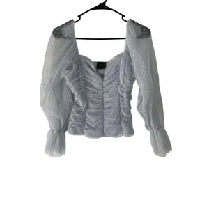 Madi Mase Women's Size Small Light‎ Blue Swiss Dot Lace Puff Sleeves Top thumbnail 2