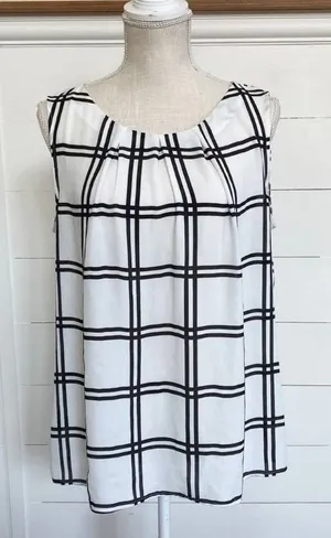 LOFT Women's Windowpane Pleated Dressy Sleeveless Blouse -‎ L EUC thumbnail 1