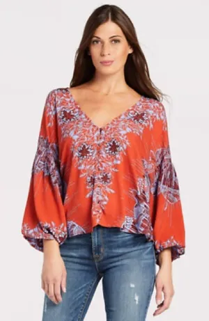 Free people purple red blouse v‎ neck top floral birds of a feather thumbnail 1