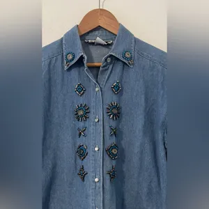 Vintage New Frontier Beaded Denim Button Up Shirt Southwestern Country Sz Small thumbnail 3