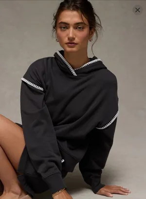 American Eagle Grey Hoodie Whipstitch Crochet Contrast Trim Oversized XL thumbnail 1