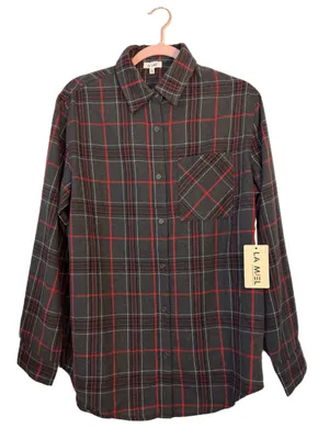 La Miel Plaid Oversized Shirt Gray Red Button Front Long Sleeve Top Small NWT thumbnail 9