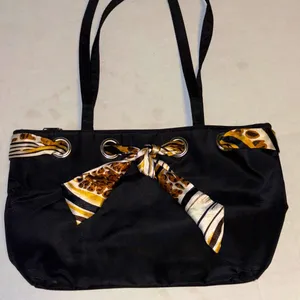 Black Nylon Tote/Shoulder Bag Tie Interwoven Thru Bag 3 Compartments One Zipper thumbnail 1