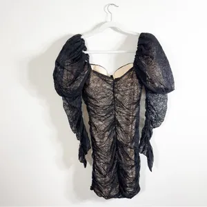 Oh Polly Tell Me More Black Lace Ruched Mini Dress Long Sleeve Puff Shoulders 8 thumbnail 3
