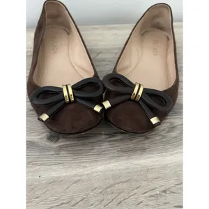 Escada Brown Suede Bow Ballets Flats Gold 37.5 Size 7.5 thumbnail 3