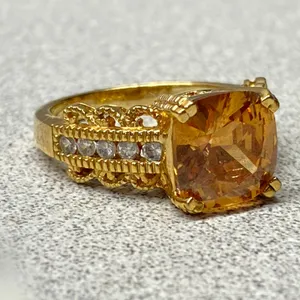 Vintage Sparkling Orange Cushion Cut Gold Pleated Sterling Silver Ring Size 8.75 thumbnail 3