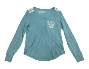 Pink Victoria's Secret I'd Rather Cuddle Long Sleeve Henley Size L Blue thumbnail 1