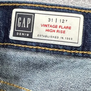 GAP Vintage Flare High Rise Jeans 31 12 Tall Dark Wash Rinsed Raw Hem‎ Stretch thumbnail 5
