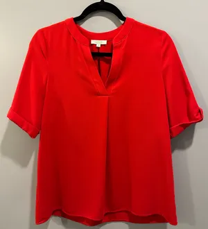 Jade by Melody Tam V-Neck Cuffed Short Sleeve Blouse Red thumbnail 1