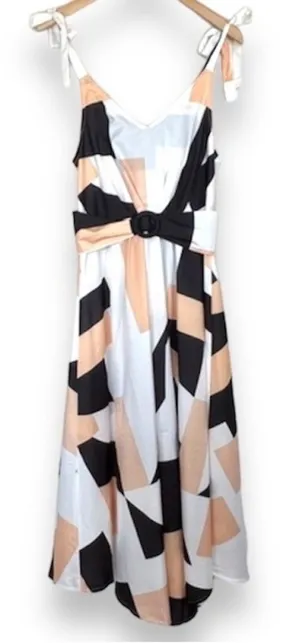 CBR ChicMe black tan geometric print tie shoulder belted midi dress M NEW thumbnail 1