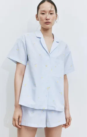 H&M Blue White Striped Shirt and Shorts Lemon Print Pattern Set thumbnail 2