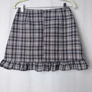 Mooyen Plaid Mini Skirt M Gray Brown School Girl Y2K Academia Ruffle Hem Butt thumbnail 2