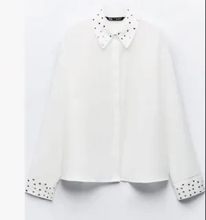 NWT ZARA Embellished Long Sleeve Chiffon Button Up Shirt White Medium thumbnail 3