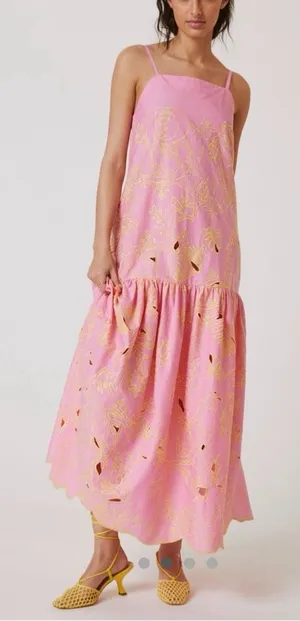 Anthropologie Beatrice B Abito Tessuto Pink Yellow Embroidered Maxi Dress Tank 0 thumbnail 1
